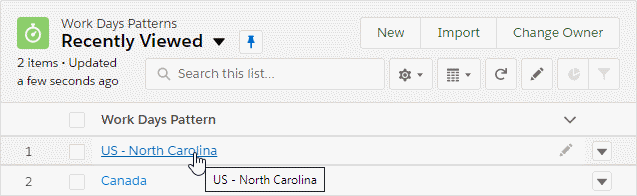 Work Days Pattern tab, with the cursor pointing one list item