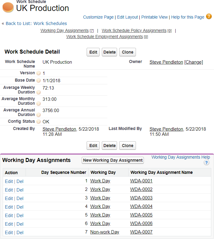 Screenshot: Work Schedule detail page showing the Config Status as OK