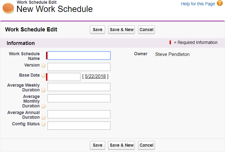 Screenshot: New Work Schedule page