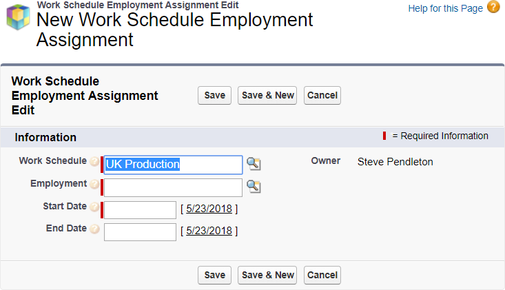 Screenshot: New Work Schedule Employment Assignment page