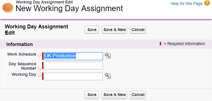 Screenshot: New Working Day Assignment page