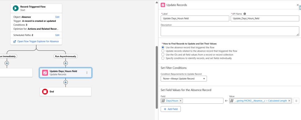 Update records element. Update triggering absence and set Days/Hours from Calulated Length.