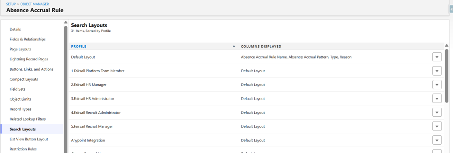 Search Layouts list for the Absence Accrual Rule object.