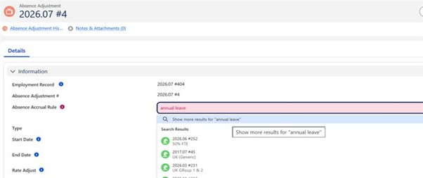 Absence Adjustment lookup with Annual Leave entered and Show more results available.