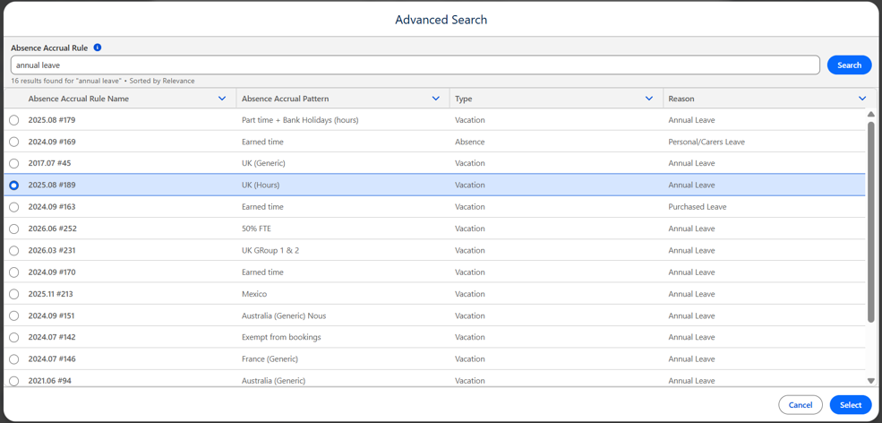Users can select the absence rule relating to the Absence Adjustment.