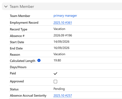 Saved absence record. System has populated Calculated Length and Days/Hours remains blank.