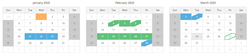 Default display of partial absence days in the absence calendar with diagonal lozenges