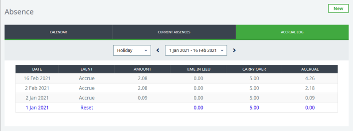 Screenshot of the Accrual Log for the current year in WX