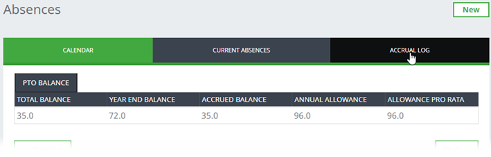 Screenshot of the Time Off process in WX, pointing to the Accrual Log tab