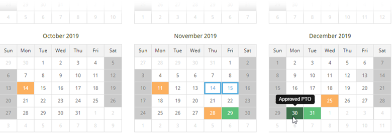 Screenshot of a Team Member's absence calendar in WX, pointing to an absence