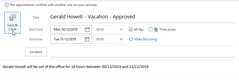 Screenshot of an iCalendar file open in Outlook, pointing to Save & Close button