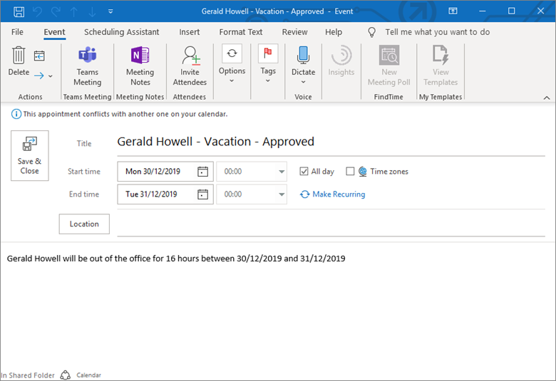 Screenshot of an iCalendar file open in Outlook