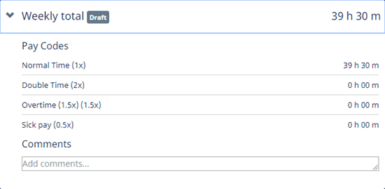 Screenshot: Summary of weekly totals in a timesheet