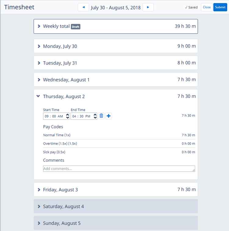 Screenshot: Timesheet for entry by start and end times