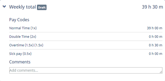 Screenshot: Calculations of weekly totals in a timesheet