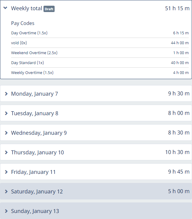 Screenshot: Timesheet weekly summary displaying an example with rollup groups