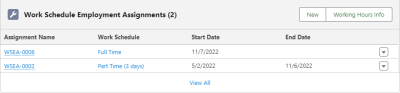 Screenshot: Work Schedule Employment Assignments related list with New and Working Hours Info buttons