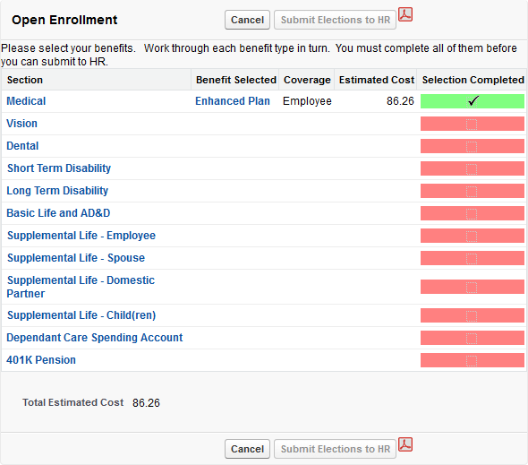 Screenshot: A benefit selected for enrollment in the list of benefits