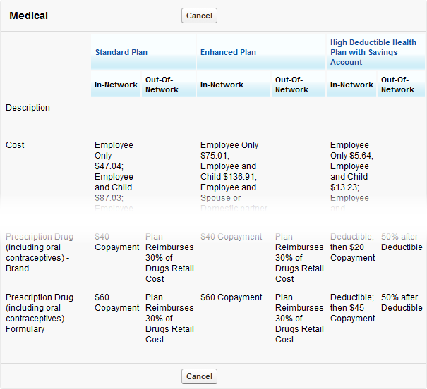 Screenshot: A comparison of benefit plans for a benefit type