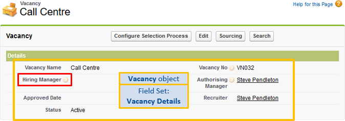 Annotated screenshot: Configuring the Vacancy details for Hiring Managers with the Vacancy Details Field Set