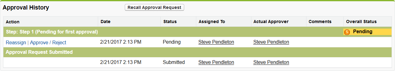 Screenshot: Approval history for a pending vacancy in Talent Acquisition