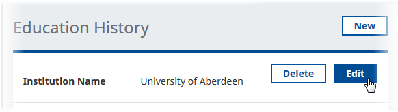 Screenshot: Selecting Edit to update an Education History entry