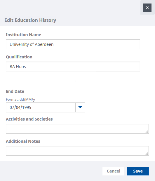 Screenshot: Edit view for an Education History entry