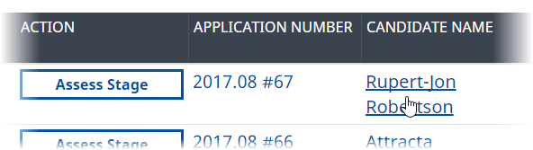 Screenshot: Selecting the Candidate name from the list of applications