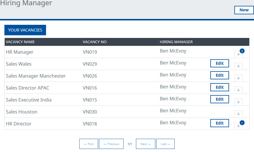 Screenshot: Detail view in the Hiring Manager process listing your vacancies