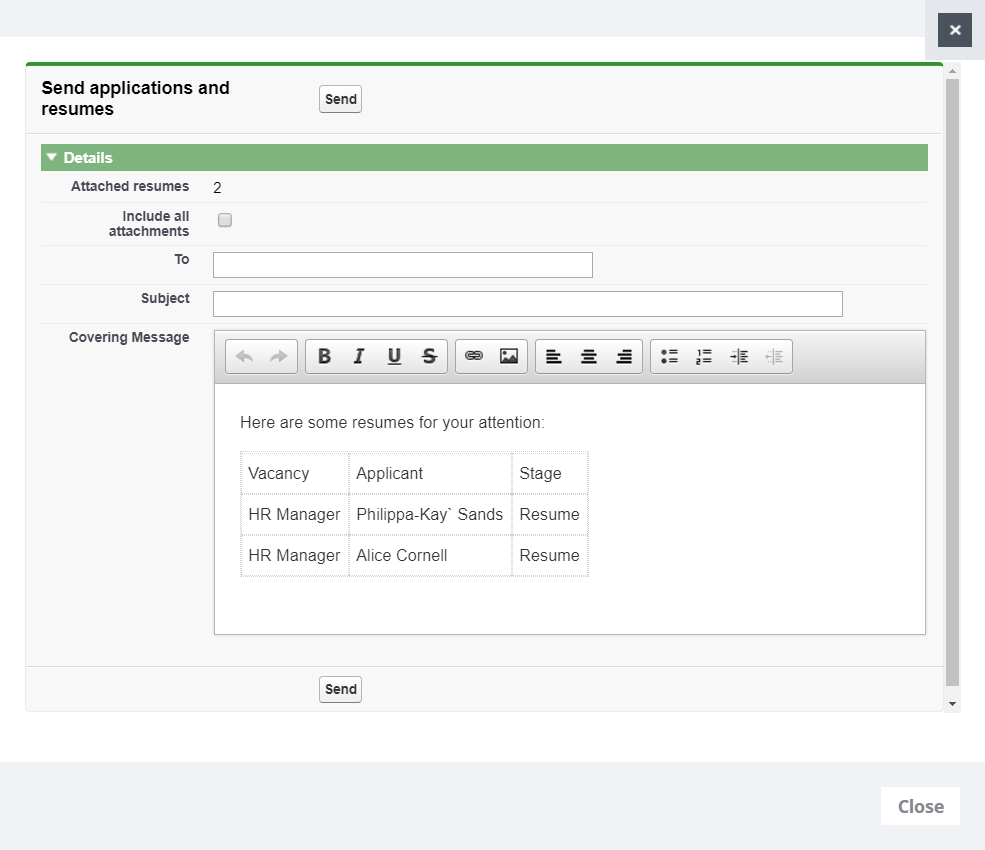 Screenshot: Send applications and resumes view
