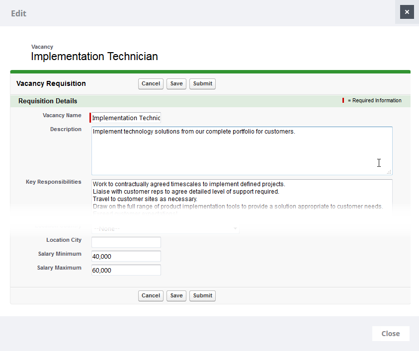 Screenshot: A vacancy requisition form in the editing mode