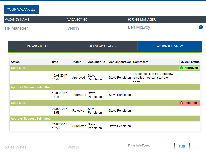 Screenshot: Approval history for a vacancy