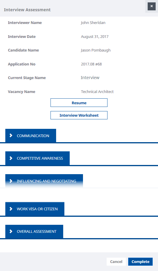 Screenshot: Interview Assessment form with collapsed sections