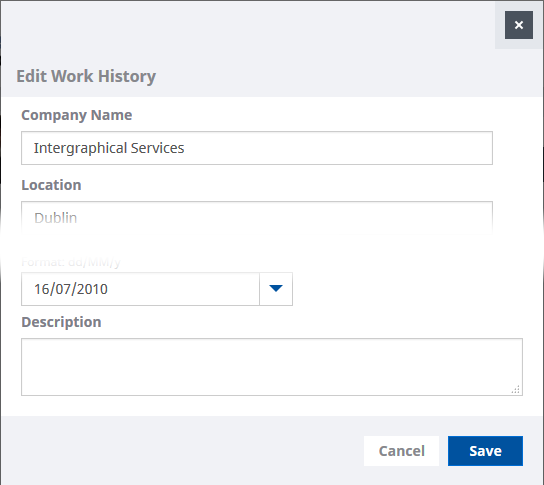 Screenshot: Edit Work History view for updating a work history entry