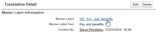 Translation Detail section on Custom Label detail page