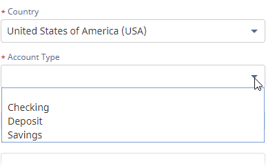 Screenshot: A picklist showing account types for a selected country