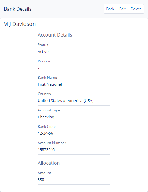 Screenshot: Bank account details view