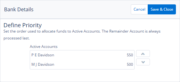 Screenshot: Define priority screen for bank account fund allocation