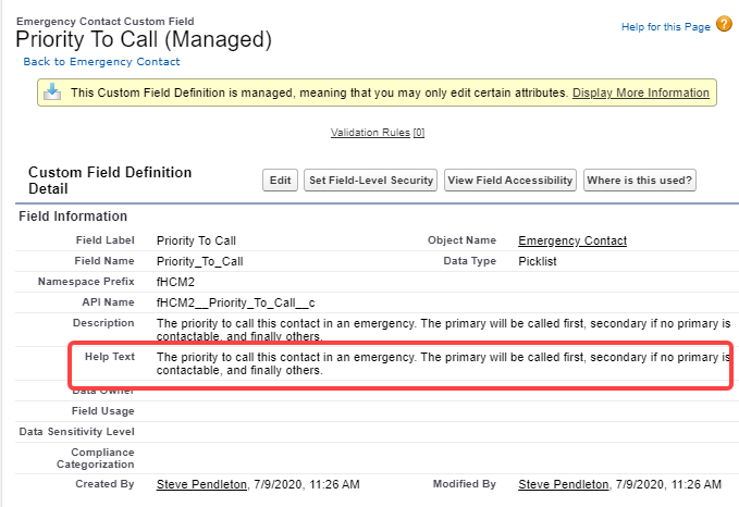 Screenshot: Field level help text for the Priority to Call field as defined in the custom field definition detail