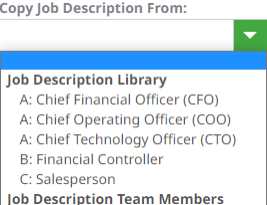 Screenshot: Copy Job Description From: picklist open, showing items under Job Description Library and Job Description Team Members headings