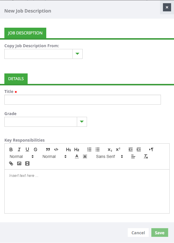 Screenshot: New Job Description view showing the Copy Job Description From:, Title, Grade, and Key Responsibilities fields