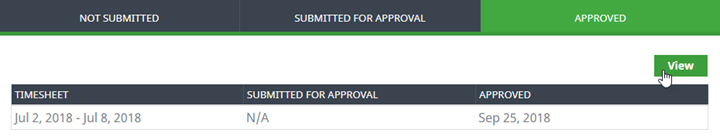 Screenshot: Selecting View for an approved timesheet