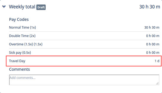 Screenshot: An additional pay code highlighted in the weekly summary for a timesheet