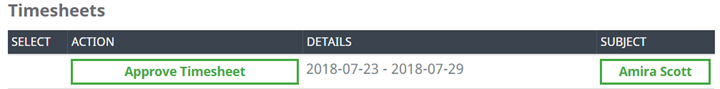 Screenshot: An action to approve a Timesheet on the WX actions page