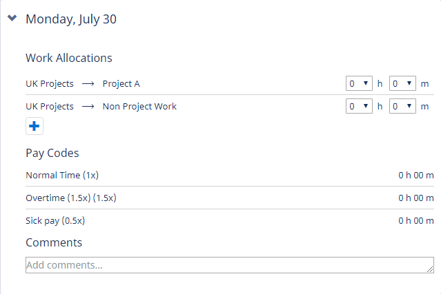 Screenshot: An empty timeshet for entering time by work allocation