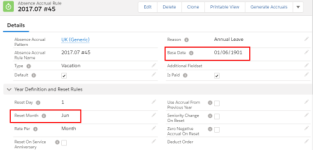 Screenshot: Absence accrual rule, Reset Month and Base Date fields highlighted