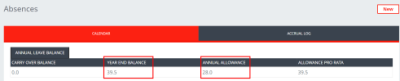 Screenshot: WX Absence Screen showing different values for Annual Allowance and Year End Balance