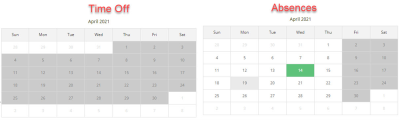 Annotated screenshot: Comparison between absence calendars where Time Off calendar is fully grayed out