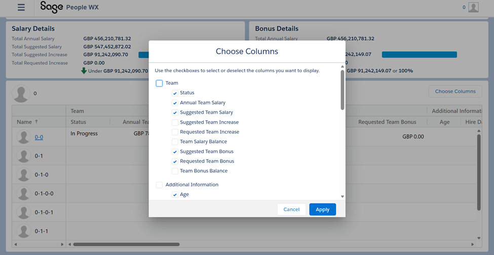 Column selection in Comp Planning