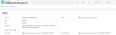 Screenshot: Pay code setup for public holidays on work allocation timesheets